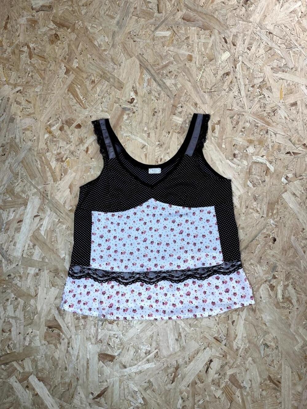 Feline USA Womens Tank Top Medium Black Polka Dot Floral Lace Trim Camisole
